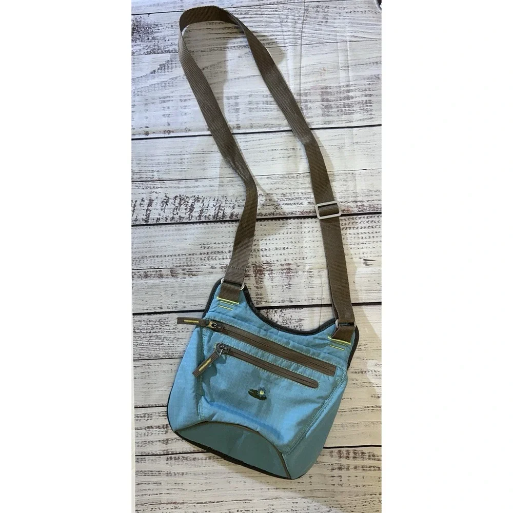Lilypond Crossbody Bag Blue Brown Ripstop Nylon Mesh Adjustable Strap Travel